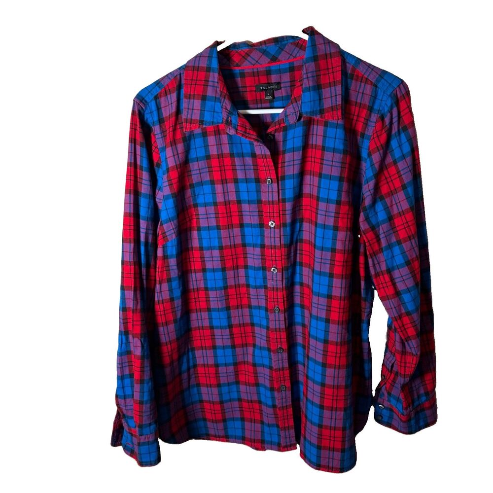Talbots Shirt Women's Large Plaid Button Up Long Sleeve Collared Casual Top